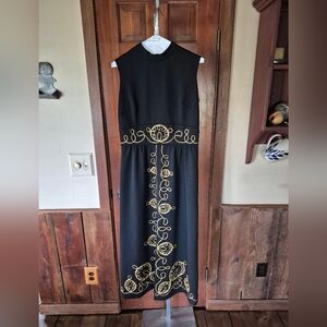 Sleeveless Evening Hostess Black Dress with Gold Embroidery